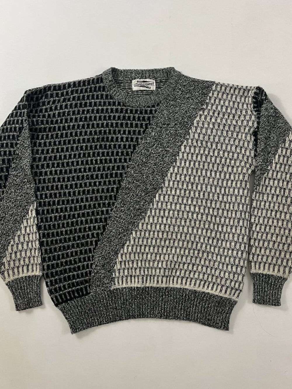 Vintage 90s Expressions Black White Geometric Patchwork Cosby Knit Sweater